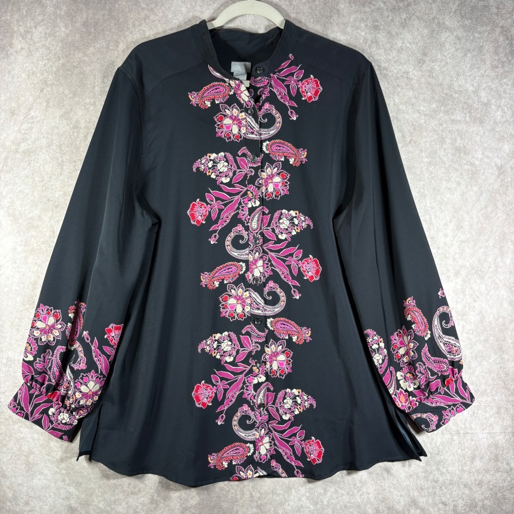 Chico's Tunic Top Women 3 US 16 Black Floral Shirt Paisley Button Down Boho NEW